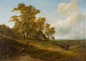 Hollandische Landschaft Mit Bauernstaffage, Am Horizont Die Silhouette Einer Stadt by Pieter Lodewijk Francisco Kluyver