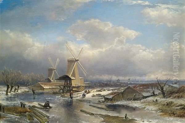 Hollandische Winterlandschaft Mit Zugefrorenem Kanal - view 1