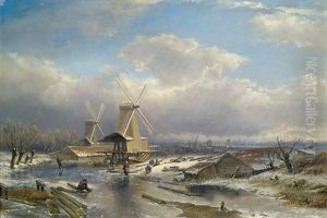 Hollandische Winterlandschaft Mit Zugefrorenem Kanal by Pieter Lodewijk Francisco Kluyver