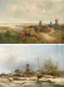 A Panoramic Summer Landscape (+ A Snow-covered Boat Yard In Winter; 2 Works) by Pieter Lodewijk Francisco Kluyver