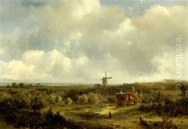 Figures In An Extensive Summer Landscape, A Windmill In The Distance - view 1