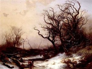 Wood-gatherers In A Snowy Landscape by Pieter Lodewijk Francisco Kluyver