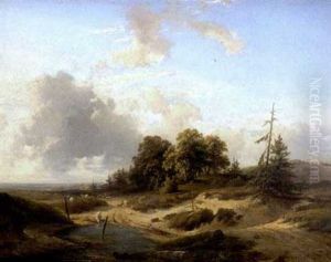 Baumlandschaft An Einem Gewasser, Von Dem Sich Gerade Eine Schafherde Entfernt Baumlandschaft An Einem Gewasser, Von Dem Sich Gerade Eine Schafherde Entfernt