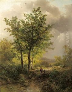 Peasants In A Wood, A Storm In The Distance by Pieter Lodewijk Francisco Kluyver