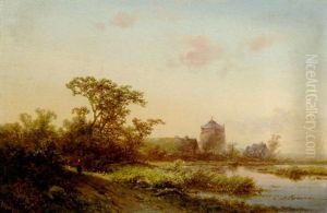 A Summer Landscape At Dusk With A Farm Beyond by Pieter Lodewijk Francisco Kluyver