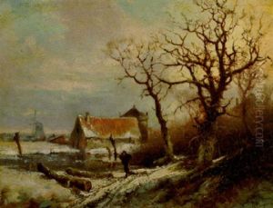 A Winter Landscape With A Wood Gatherer On A Snowy Track by Pieter Lodewijk Francisco Kluyver