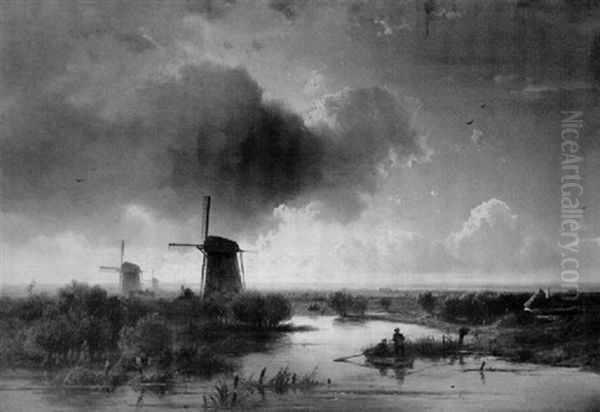 Weite Landschaft Mit Windmuhlen Und Ruderboot Mit Anglern - view 1