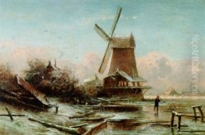 A Winter Landscape With A Windmill by Pieter Lodewijk Francisco Kluyver