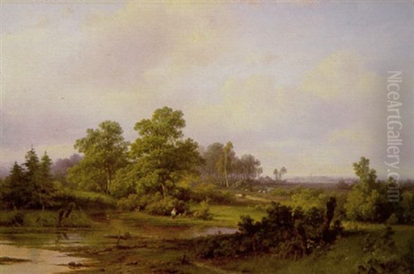 Waldlandschaft Mit Einem Hirten Am Teich, In Der Ferne Eine Ortschaft - view 1