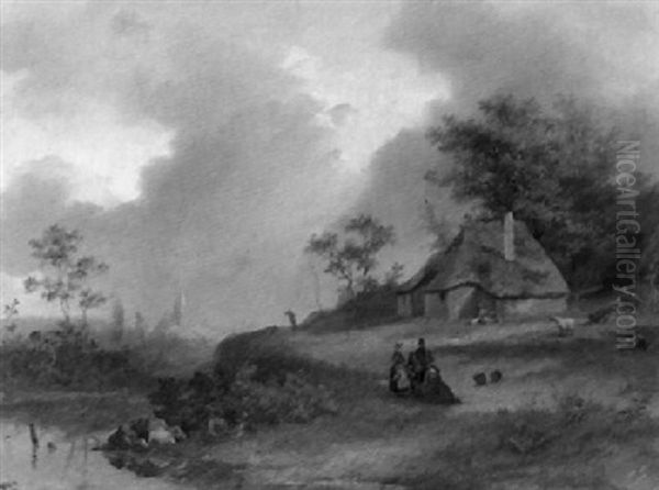 A Wooded Landscape With Peasants On A Riverbank, Church Beyond - view 1