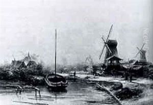 Winter: A Frozen Waterway With An Iced Sailing-boat, Figures On A Quay Near A Wind-mill by Pieter Lodewijk Francisco Kluyver