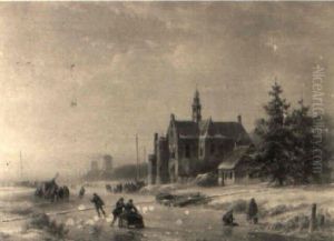 Winter Scene With A Church And Windmills Beyond