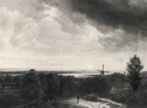 Hollandische Landschaft Mit Wanderer Auf Dem Waldweg by Pieter Lodewijk Francisco Kluyver