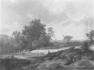 A Wooded Sloping Landscape With Peasants Harvesting by Pieter Lodewijk Francisco Kluyver