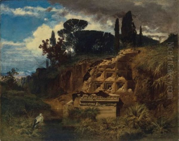 Paysage Aux Ruines Et A La Cigogne - view 1