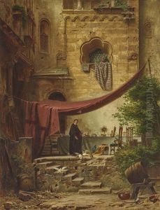 A Monk In A Cloister Backyard by Ferdinand Knab