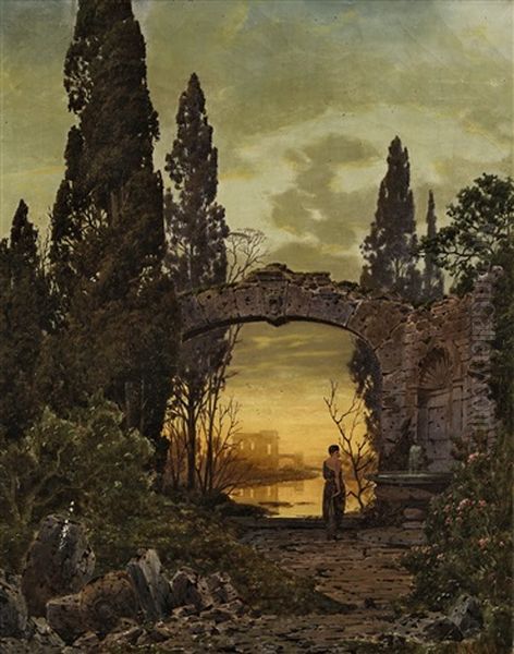 Abendliche Ruinenlandschaft Mit Junger Frau An Einem Brunnen - view 1