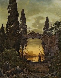 Abendliche Ruinenlandschaft Mit Junger Frau An Einem Brunnen by Ferdinand Knab