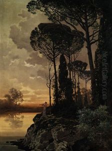 Abendliche Landschaft Mit Flotenspieler