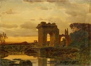 Ruinenlandschaft In Abenddammerung Mit Figuren