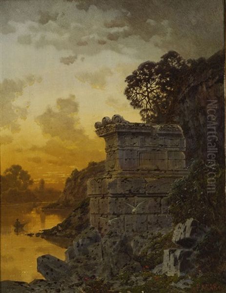 Abendstimmung Am Flussufer, Im Vordergrund Eine Ruine - view 1