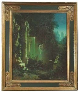 Nachtliche Parklandschaft Mit Einem Nymphaeum, Dem Eine Nymphe Mit Einer Lyra Entschwebt by Ferdinand Knab