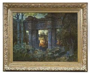 Sonnenuntergang Hinter Einer Tempelruine, Die Mit Uppiger Vegetation Bewachsen Ist by Ferdinand Knab