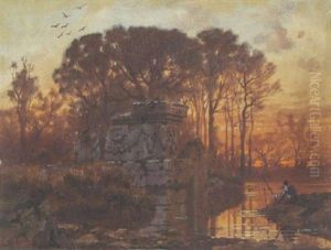 Abendstimmung Am See Mit Angler by Ferdinand Knab