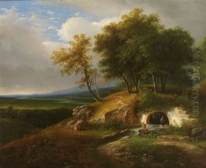 Alte Muhle Mit Wascherin Am Ufer; Erhohte Quelle Mit Weitem Blick In Das Land (pair) by Anton Knapp