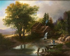 Alte Muhle Mit Wascherin Am Ufer (+ Erhohte Quelle Mit Weitem Blick In Das Land; Pair) by Anton Knapp