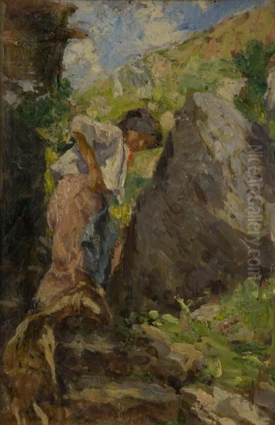 Giovane Contadina Con Capretta In Montagna - view 1