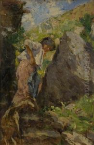 Giovane Contadina Con Capretta In Montagna by Leonardo Bazzaro