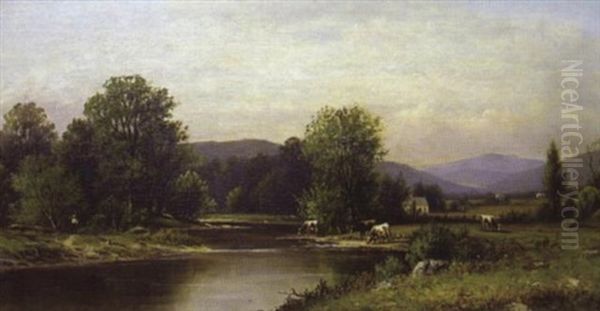 Pastoral Landscape With Cows And Boy With Fishing Pole - view 1