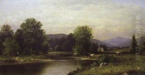 Pastoral Landscape With Cows And Boy With Fishing Pole by Charles Wilson Knapp