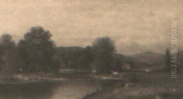 River Scene With Cows In Pasture And Boy Fishing - view 1