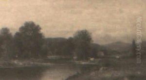 River Scene With Cows In Pasture And Boy Fishing by Charles Wilson Knapp