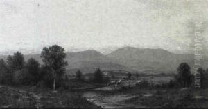 Cows Grazing By A Stream With Hills Beyond