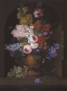 "groses Stilleben Mit Wicke, Rosen, Sommerstern, Hyanzinthen, Primeln, Kornblume, Lilie, Akelei, Narzissen..." by Johann Knapp