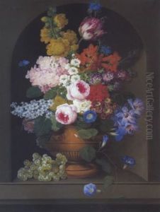 Groses Stilleben Mit Wicke, Rosen, Sommerstern, Hyazinthen, Primeln, Kornblume, Lilie, Akelei, Narzissen.... by Johann Knapp