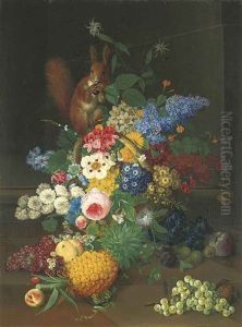 A Red Squirrel On A Basket With Roses, Narcissae And Other Flowers, Blackberries, A Pineapple, Grapes, Gooseberries, Plums, Greengages... by Josef Knapp