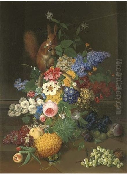 Roses, Narcissi And Other Flowers In A Basket With A Red Squirrel Holding Blackberries, Pineapple, Grapes, Gooseberries, Plums, Greengages, A Peach, A Cherry And A Walnut On A Stone Floor - view 1
