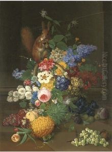 Roses, Narcissi And Other Flowers In A Basket With A Red Squirrel Holding Blackberries, Pineapple, Grapes, Gooseberries, Plums, Greengages, A Peach, A Cherry And A Walnut On A Stone Floor