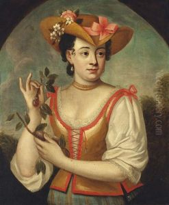Portrait Of A Lady, Half Length, Standing In A Garden And Holding Sprigs Of Plums