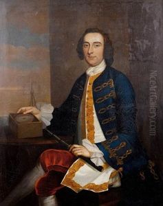 Portrait Of Admiral Sir Hugh Palliser Holding A Telescope And Seated Before An Open Window, A View To Shipping Beyond by George Knapton