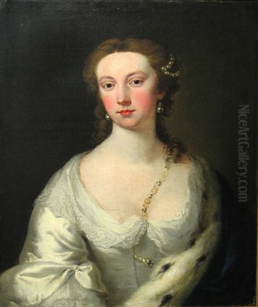 A Portrait Of A Lady, In A White Gown With A Blue Wrap Trimmed In Ermine - view 1