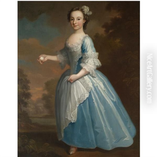 Portrait Of Elizabeth Hatch, Full Length, Wearing A Blue Dress And Holding A Peach In Her Right Hand - view 1