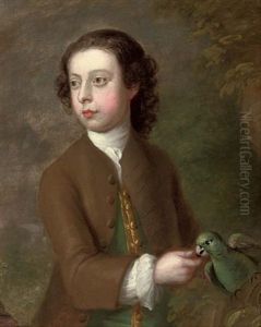 Portrait Of A Boy In A Brown Coat And Green Waistcoat With Gold Trim, Feeding A Parrot, In A Landscape