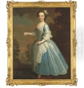 Portrait Of Miss Elizabeth Hatch, Full Length, In A Blue Dress With A White Apron, Holding A Peach In Her Right Hand, In A Wooded Landscape by George Knapton