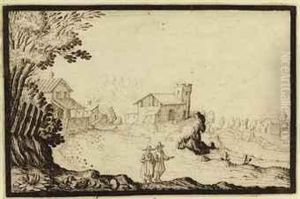 Two Figures In A Landscape, A Church Beyond
