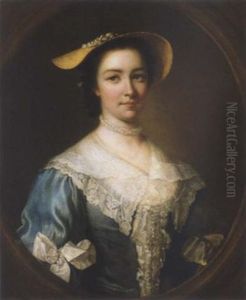 Portrait Of A Lady Wearing A Blue Dress, A Straw Bonnet And A White Lace Shawl
